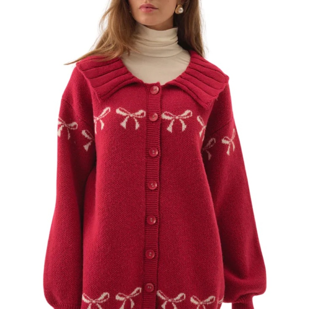 Red Bow-Pattern Button-Up Women's Sweater Cardigan